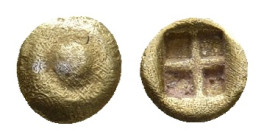 ASIA MINOR. Uncertain mint. (6th century BC). EL 1/48 Stater. Milesian Standard.
Obv: Spiral pattern.(human eye).
Rev: Quadripartite incuse square....