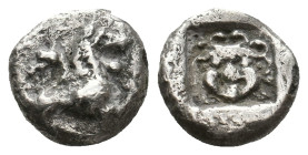 ASIA MINOR. Uncertain (5th century BC). AR Hemidrachm.
Obv: Elements of Chimaera: foreparts of lion, stag and dragon(?), joined together at center an...