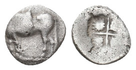 ASIA MINOR. Uncertain. (Circa 5th century BC). AR Hemiobol.
Obv: Bull standing left, head right.
Rev: Quadripartite incuse square.
Unpublished in t...