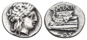 BITHYNIA. Kios. Miletos, magistrate. (Circa 350-300 BC). AR Hemidrachm.
Obv: Laureate head of Apollo right.
Rev: MIΛH / TΟΣ.
Prow of galley left, d...