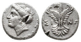 PAPHLAGONIA. Sinope. (Circa 3rd BC). AR Hemidrachm.
Obv: Female head wearing turreted crown left.
Rev: ΣΙ - ΝΩ.
Eagle facing, head left, wings disp...