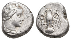 PONTOS. Amisos. (4th Century BC). AR Siglos
Obv: Head of Hera wearing stephanos.
Rev: Owl standing facing, wings spread, standing on shield .
SNG.B...