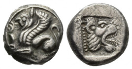 TROAS. Assos. (Circa 500-450 BC). AR Drachm.
Obv: Griffin seated left; tongue out.
Rev: Lion head right, prominent teeth and tongue out; within squa...