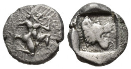TROAS. Assos (circa 500-440 BC). AR Drachm.
Obv: Satyr; bearded, curly hair, muscular legs and arms; running right. in archaic style.
Rev: Head of l...