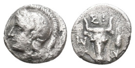 TROAS. Assos. (4th-3rd centuries BC). AR Diobol.
Obv: Helmeted head of Athena left.
Rev: AΣΣI.
Facing boukranion; grain ear to right.
BMC 7.
Rare...