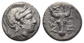 TROAS. Assos. (4th-3rd centuries BC). AR Tetrobol.
Obv: Wreathed and helmeted head of Athena left.
Rev: AΣΣION.
Facing boukranion.
BMC 6; Weber 53...