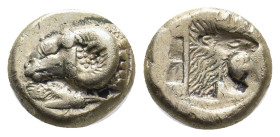 LESBOS. Mytilene. (Circa 521-478 BC). EL Hekte.
Obv: Ram's head left; below, cock standing right, pecking at the ground
Rev: Incuse head of lion rig...
