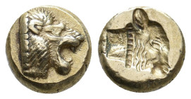 LESBOS. Mytilene.(Circa 521-478 BC). EL Hekte.
Obv: Head of roaring lion right.
Rev: Incuse head of bull right.
Bodenstedt 13.
Condition: VF.
Wei...