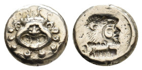 LESBOS. Mytilene. (Circa 521-478 BC). EL Hekte.
Obv: Facing gorgoneion, tongue protruding.
Rev: Incuse head of Herakles right, wearing lion's skin....