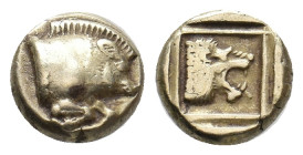 LESBOS. Mytilene. (Circa 454-428/7 BC). EL Hekte.
Obv: Forepart of boar right.
Rev: Head of roaring lion right within linear square border; all with...