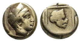 LESBOS. Mytilene. (Circa 412-378 BC). EL Hekte.
Obv: Head of Artemis-Kybele right, wearing stephane decorated with palmettes
Rev: Head of an African...