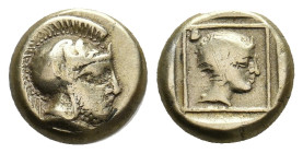 LESBOS. Mytilene. (Circa 412-378 BC). EL Hekte.
Obv: Helmeted head of Ares right.
Rev: Bare head of Amazon to right, her hair drawn up and tied, wit...