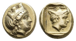 LESBOS. Mytilene. (Circa 412-378). EL Hekte.
Obv: Turreted head of Artemis-Kybele right, crown decorated with a palmette.
Rev: Head of Hermes right,...
