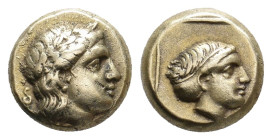 LESBOS. Mytilene. (Circa 377-326 BC). EL Hekte.
Obv: Laureate head of Apollo right; to left, serpent coiled right.
Rev: Head of Artemis right, with ...