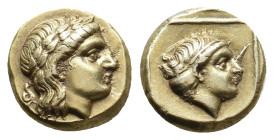 LESBOS. Mytilene. (Circa 377-326 BC). EL Hekte.
Obv: Laureate head of Apollo right; to left, serpent coiled right.
Rev: Head of Artemis right, with ...