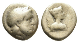 LESBOS. Mytilene. (Circa 377-326 BC). EL Hekte.
Obv: Laureate head of Zeus right; [to right, serpent coiled right].
Rev: Draped bust of Nike facing,...