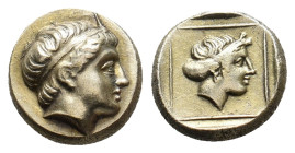 LESBOS. Mytilene. (Circa 377-326 BC). EL Hekte.
Obv: Young male head right, wearing taenia with frontal horn
Rev: Female head right, hair in sphendo...