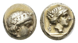 LESBOS. Mytilene. (Circa 377-326 BC). EL Hekte.
Obv: Laureate head of Apollo right.
Rev: Head of Artemis right, with hair in sphendone; coiled serpe...