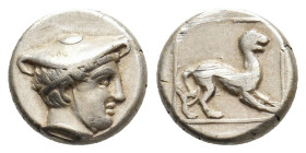 LESBOS. Mytilene. (Circa 377-326 BC). EL Hekte.
Obv: Head of Hermes right, wearing petasos.
Rev: Lion standing right within linear square border; al...