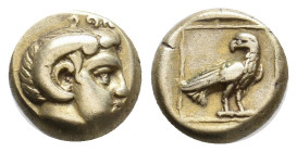 LESBOS. Mytilene. (Circa 377-326 BC). EL Hekte.
Obv: Head of Apollo Karneios right, with horn of Ammon.
Rev: Eagle standing right, head left, within...
