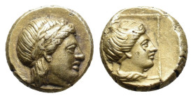 LESBOS. Mytilene. (Circa 377-326 BC). EL Hekte.
Obv: Laureate head of Apollo (or Dionysos?) right.
Rev: Female head (of Artemis?) right within linea...