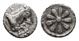 AEOLIS. Kyme. (4th century BC). AR Hemiobol.
Obv: K - Y.
Forepart of horse right.
Rev: Rosette of six petals; all within incuse circle.
SNG Copenh...