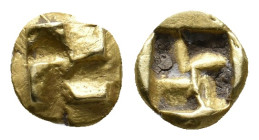 IONIA. Uncertain mint. (Circa 625-600 BC). EL 1/12 Stater.
Obv: Raised clockwise swastika pattern.
Rev: Quadripartite incuse square.
SNG Kayhan 702...