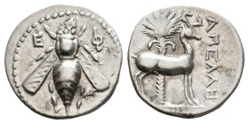 IONIA. Ephesos. (Circa 202- 162 BC). AR Drachm. Apelles, magistrate.
Obv: Ε - Φ.
Bee.
Rev: AΠΕΛΛΗΣ.
Stag standing right; palm tree in background....