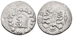 IONIA. Ephesos. (Dated CY 52 = 83/2 BC). AR Cistophoric Tetradrachm.
Obv: Serpent emerging from cista mystica; all within ivy wreath
Rev: Two serpen...