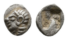 IONIA. Kolophon. (Late 6th century BC). AR Tetartemorion.
Obv: Archaic head of Apollo left.
Rev: Quadripartite incuse square.
SNG Kayhan I 343-51....