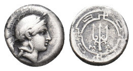 IONIA. Magnesia ad Maeandrum. (Circa 400-350 BC). AR Obol.
Obv: Helmeted head of Athena right.
Rev: M - A.
Trident within circular maeander pattern...