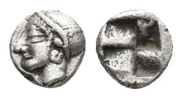 IONIA. Phokaia. (Circa 521-478 BC). AR Tetartemorion.
Obv: Archaic female head left, wearing earring and helmet or close fitting cap..
Rev: Quadripa...