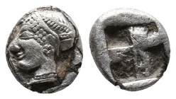 IONIA. Phokaia. (Circa 521-478 BC). AR Obol.
Obv: Archaic female head left, wearing earring and helmet or close fitting cap..
Rev: Quadripartite inc...