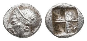 IONIA. Phokaia. (Circa 521-478 BC). AR Diobol
Obv: Archaic female head left, wearing earring and helmet or close fitting cap.
Rev: Incuse square.
S...