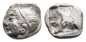 IONIA. Phokaia. (Circa 521-478 BC). AR Diobol.
Obv: Archaic female head left, wearing earring and helmet or close fitting cap..
Rev: Quadripartite i...