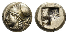IONIA. Phokaia. (Circa 521-478 BC). EL Hekte.
Obv: Archaic helmeted head of Athena left; to right, seal downward.
Rev: Quadripartite incuse square....