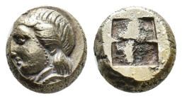 IONIA. Phokaia. (Circa 477-388 BC). EL Hekte.
Obv: Head of Io left; seal below
Rev: Quadripartite incuse square.
Bodenstedt Em. 96 (unlisted dies);...