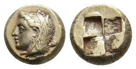 IONIA. Phokaia. (Circa 387-326 BC). EL Hekte.
Obv: Head of Omphale left, wearing lion skin and with club over shoulder; below, small seal left.
Rev:...