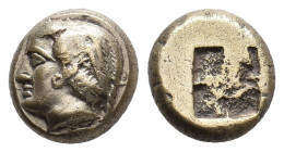 IONIA. Phokaia. (Circa 387-326 BC). EL Hekte.
Obv: Head of nymph left, wearing tainia and earring; below, small seal left.
Rev: Quadripartite incuse...