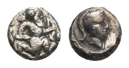 PERSIA. Achaemenid Empire. Uncertain mint in Cilicia (4th century BC). AR Tetartemorion.
Obv: Persian king or hero in kneeling-running stance to righ...