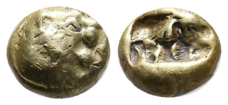 KINGS OF LYDIA. Alyattes. Sardes. (Circa 610-546 BC). EL Hekte - 1/6 Stater.
Ob...