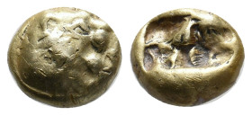 KINGS OF LYDIA. Alyattes. Sardes. (Circa 610-546 BC). EL Hekte - 1/6 Stater.
Obv: Lion's head left with open jaws, [legend] to right.
Rev: Two incus...