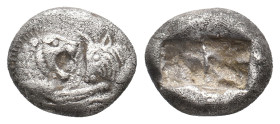 KINGS OF LYDIA. Sardes. Kroisos (Circa 564/53-550/39 BC). AR 1/3 Stater.
Obv: Confronted foreparts of lion and bull.
Rev: Two incuse square punches....