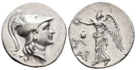 PAMPHYLIA. Side. (Circa 205-100 BC). AR Tetradrachm. Ar-, magistrate.
Obv: Helmeted head of Athena right.
Rev: AP.
Nike advancing left, holding wre...