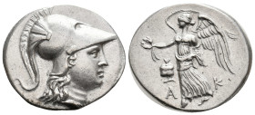 PAMPHYLIA. Side. (Circa 205-100 BC). AR Tetradrachm. Ak -, magistrate.
Obv: Helmeted head of Athena right.
Rev: A-K.
Nike advancing left, holding w...