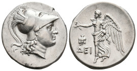 PAMPHYLIA. Side. (Circa 205-100 BC). AR Tetradrachm. Dei -, magistrate.
Obv: Helmeted head of Athena right.
Rev: ΔΕΙ.
Nike advancing left, holding ...