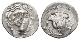 CARIA. Alabanda (?). (Circa 170 BC). AR Drachm. Imitating Rhodes. Mousaios, magistrate.
Obv: Radiate head of Helios facing slightly to right. Counter...