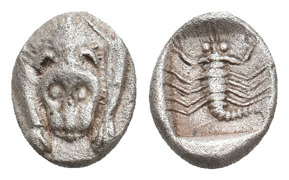 CARIA. Mylasa. (Circa 450-400 BC). AR Hemiobol.
Obv: Forepart of lion facing.
...