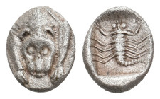 CARIA. Mylasa. (Circa 450-400 BC). AR Hemiobol.
Obv: Forepart of lion facing.
Rev: Scorpion within incuse square.
SNG Keckman 917; SNG Kayhan I 934...
