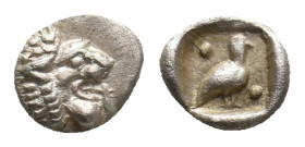 CARIA. Mylasa. (Circa 420-390 BC). AR Tetartemorion.
Obv: Head of roaring lion right.
Rev: Bird standing right; pellet to upper left and lower right...